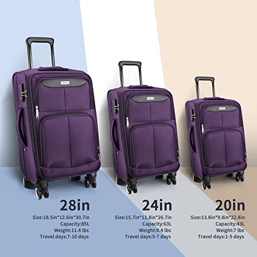 SHOWKOO 3 Piece Expandable Luggage Set with TSA Lock - Soft Shell - Purple - SHOWKOO 3 Piece Expandable Luggage Set with TSA Lock - Soft Shell - Purple - Travelking