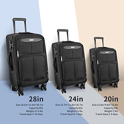 SHOWKOO 3 Piece Luggage Set Expandable with TSA Lock - Black - SHOWKOO 3 Piece Luggage Set Expandable with TSA Lock - Black - Travelking