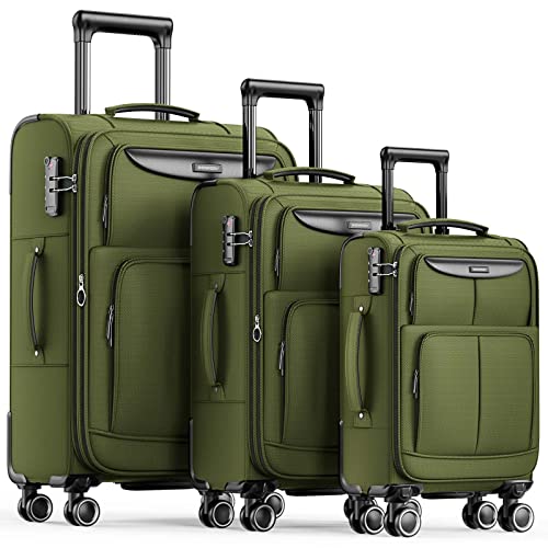 SHOWKOO Luggage Sets 3 Piece Softside Expandable Lightweight-Olive Green - SHOWKOO Luggage Sets 3 Piece Softside Expandable Lightweight-Olive Green - Travelking