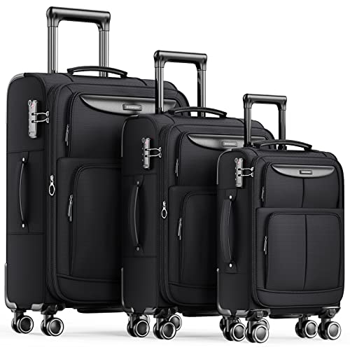 SHOWKOO Luggage Sets 3 Piece Softside Expandable Lightweight-Black - SHOWKOO Luggage Sets 3 Piece Softside Expandable Lightweight-Black - Travelking