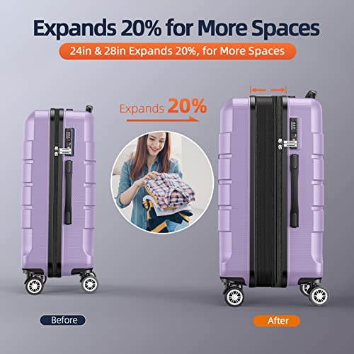 SHOWKOO Luggage Sets Expandable PC+ABS Durable Suitcase, 3PC, Lavender - SHOWKOO Luggage Sets Expandable PC+ABS Durable Suitcase, 3PC, Lavender - Travelking