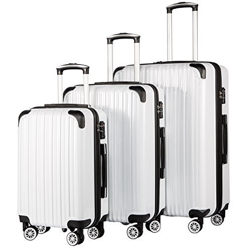 Coolife Luggage Expandable 3 Piece PC+ABS - White Grid - Coolife Luggage Expandable 3 Piece PC+ABS - White Grid - Travelking