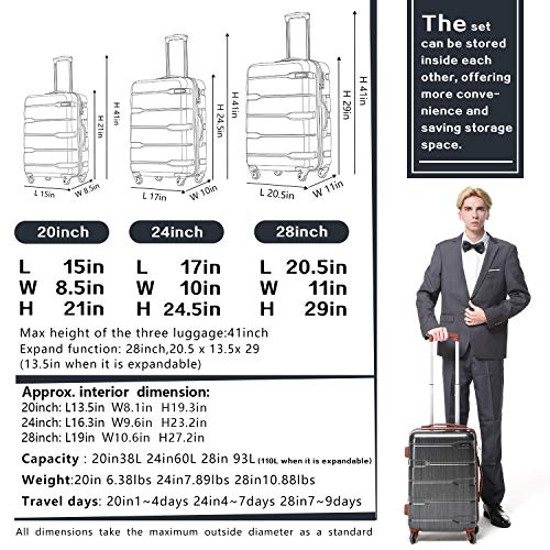 Coolife 3  Piece Expandable Luggage Spinner Set - New Charcoal - Coolife 3  Piece Expandable Luggage Spinner Set - New Charcoal - Travelking