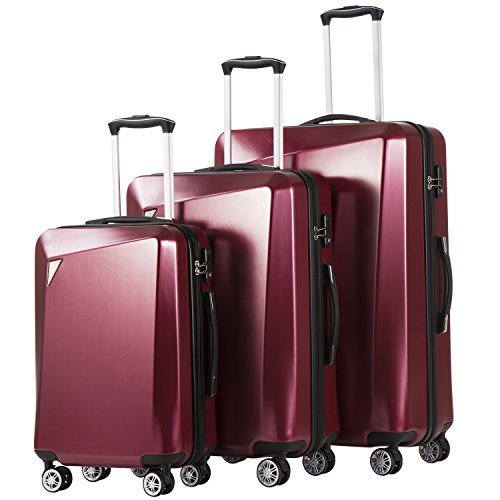 Coolife Luggage 3 Piece Sets PC+ABS Spinner Suitcase - Wine Red - Coolife Luggage 3 Piece Sets PC+ABS Spinner Suitcase - Wine Red - Travelking