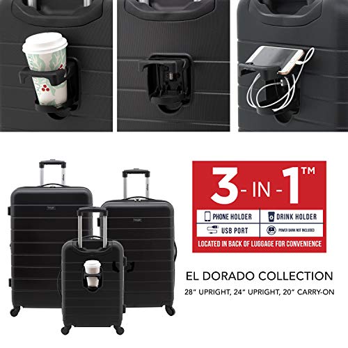 Wrangler Smart Luggage Set with Cup Holder and USB Port, Black - Wrangler Smart Luggage Set with Cup Holder and USB Port, Black - Travelking