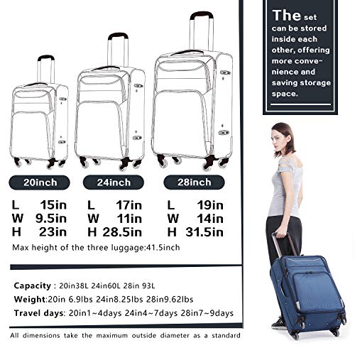 Coolife Luggage 3 Piece Set - Spinner Softshell - Black & Blue - Coolife Luggage 3 Piece Set - Spinner Softshell - Black & Blue - Travelking