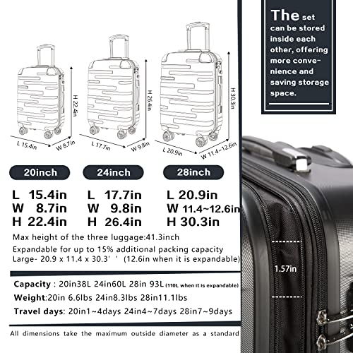 Coolife Luggage Expandable(only 28") Suitcase 3 Piece Set-Champagne