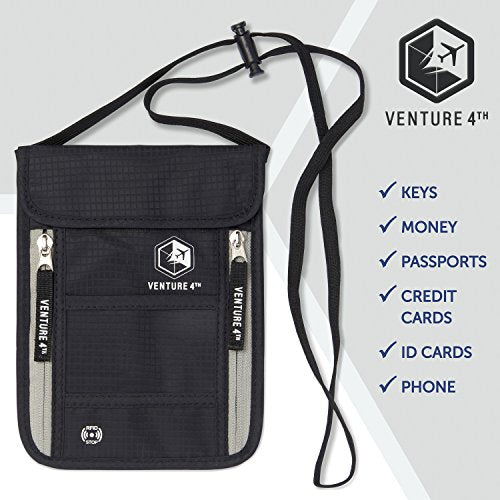 Venture 4th Passport Holder Neck Pouch With RFID Blocking – Concealed Passport Wallet (Black) - Venture 4th Passport Holder Neck Pouch With RFID Blocking – Concealed Passport Wallet (Black) - Travelking